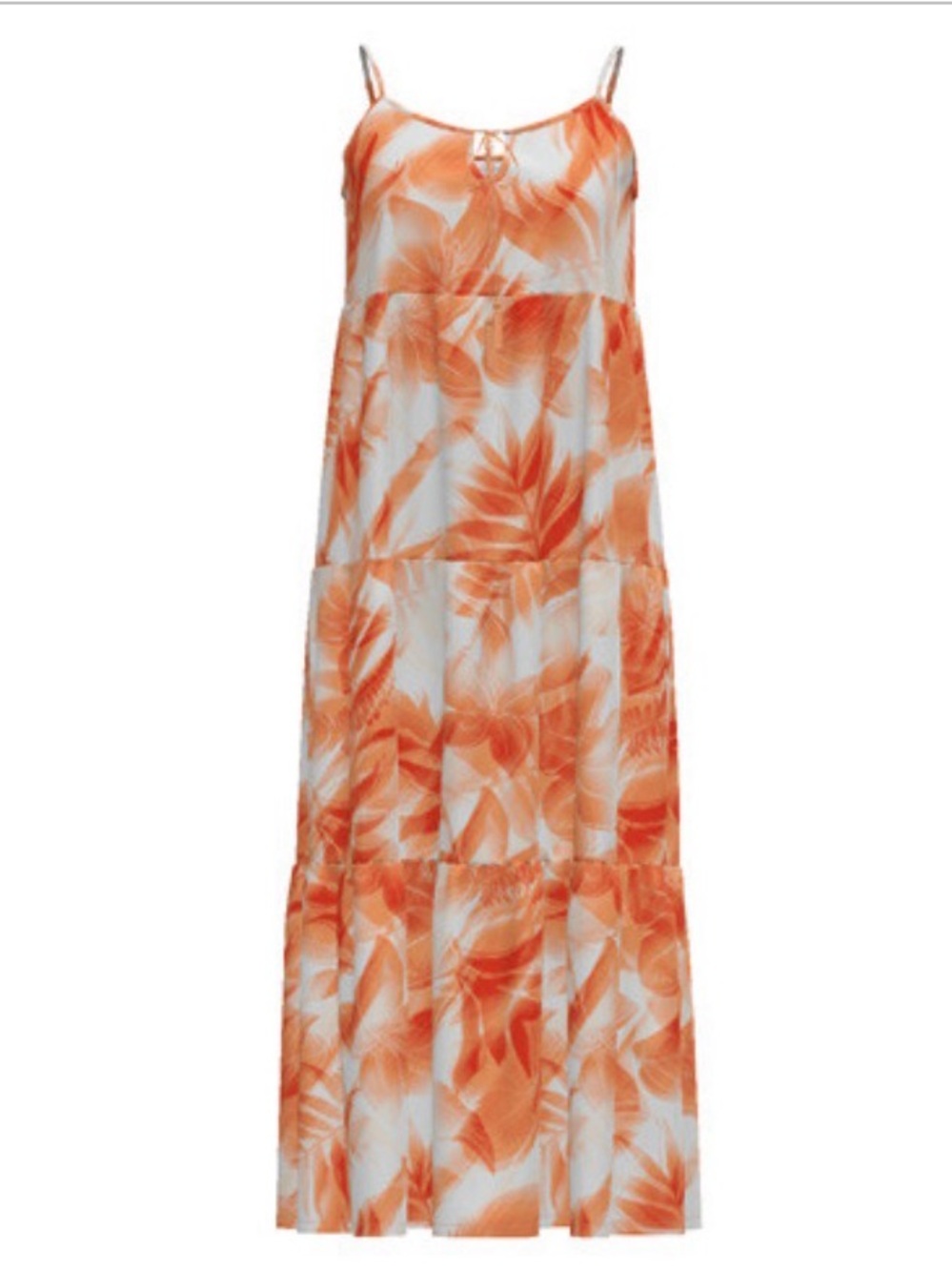 LuLaRoe Carina tiered maxi dress in an orange and white tropical leaf pattern